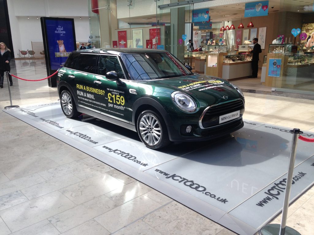 Mini clubman car in a shopping centre