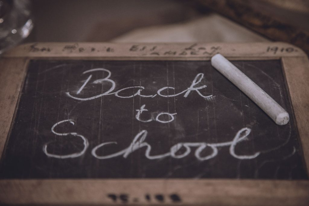 back to school written on chalk board